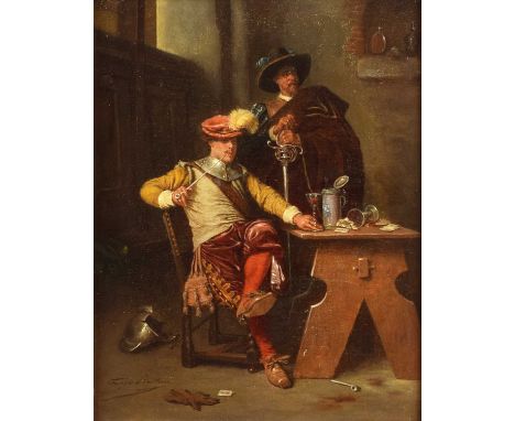 Louis Georges Brillouin (French 1817-1893) "Off Duty" Signed, titled on gallery label verso, oil on canvas.23 x 18cm (framed 