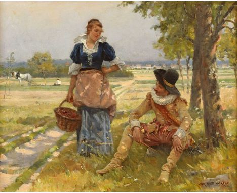 Adrien Moreau (French 1843-1906) "Flirtation"  Signed, oil on panel.  20.5 x 26cm (framed 36.5 x 42cm)  Bonhams, 19th Century