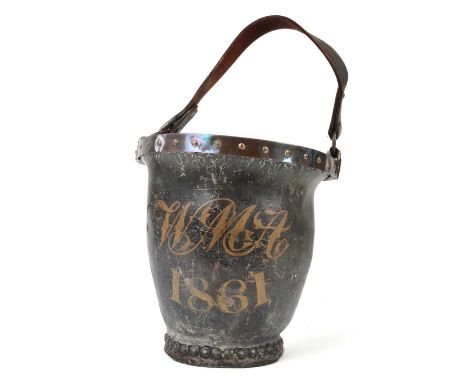 Early Victorian Painted  Leather Fire Bucket Gilt painted decoration, initialled and dated 'WMA 1861', with leather carrying 
