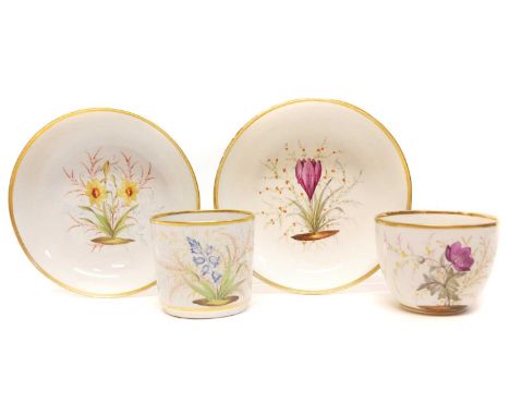 Coalport   Two Teacups and Saucers Circa 1809, likely painted by Thomas Pardoe in his Bristol decorating studio.Star crack to