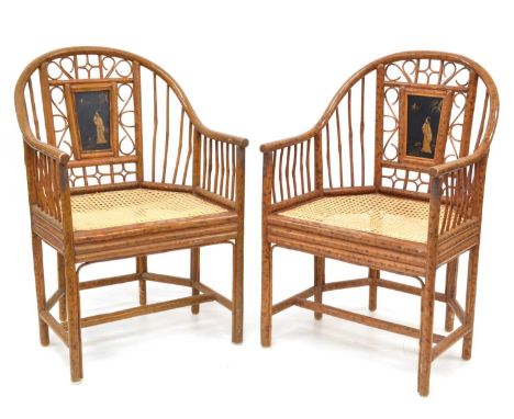 Pair of Mid-20th century Brighton Pavilion Style Armchairs by Maitland Smith Painted faux bamboo frame with Chinoiserie gilt 