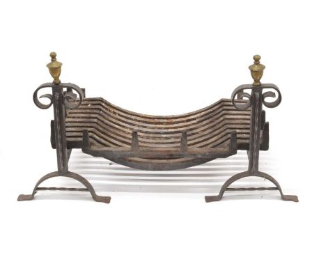 Late 19th Century Iron Fire Basket and Dogs Cast iron basket supported on a pair of wrought iron dogs each surmounted by a gi