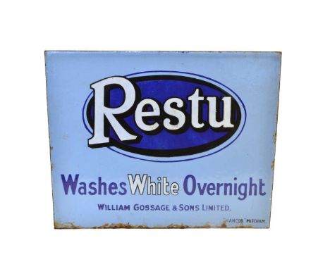 Restu Double Sided Enamel Chair Back Light and dark blue with Restu logo and slogan, 'Washes White Overnight, William Gossage