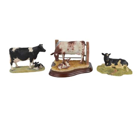 Border Fine Arts Three Figures A6519 "Clover's New Calf", B160 Friesian Cow &amp; Calf and JH109 "Expecting Rain", all boxed.