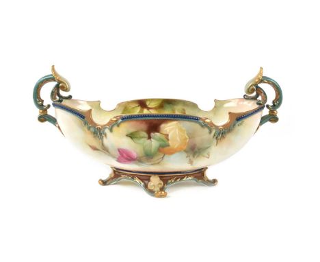 Royal Worcester Hadley Ware Centre Bowl Painted by Ambrose Hood Acanthus scroll handles, decorated with hand painted roses, d