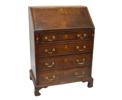 George III Oak and Mahogany Banded Bureau of Small Proportions Fall front revealing a fitted interior with four drawers and a