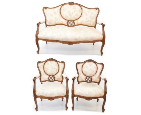 Victorian Three-Piece Salon Suite In matching floral cream upholstery to include a two-seater settee and two armchairs, all w