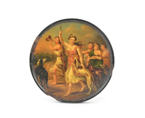 Early 19th Century Papier Mache Circular Snuff Box The printed and tinted lid depicting a classical scene of Diana the Huntre