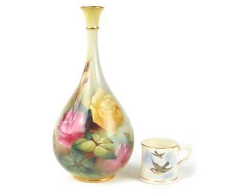 Royal Worcester Hadley Ware Vase Painted by Ambrose Hood And a Single Coffee Can Ovoid form, with slender tapering neck, pain