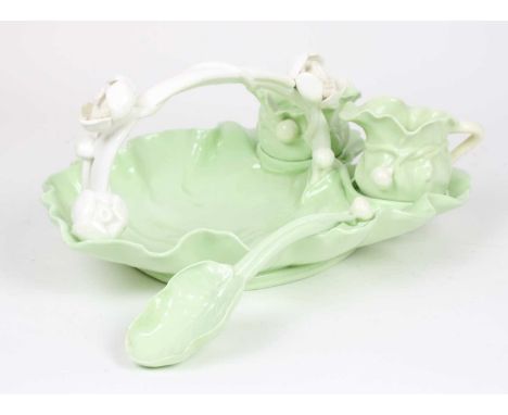 Victorian Majolica Pottery Strawberry Set by George Jones & Sons Leaf moulded in green and cream colourway, with serving spoo
