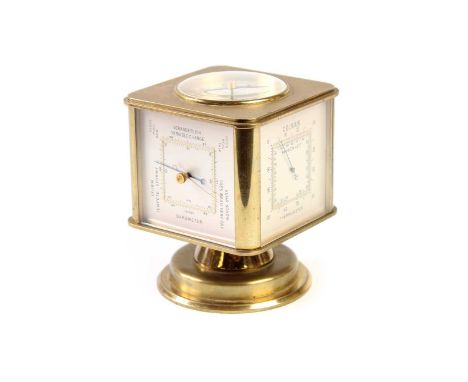 Mid 20th Century Angelus Brass Cube Desk Clock or Weather Station Revolving cube body with inset compass to the top above a c