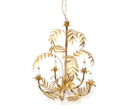 20th Century Gilt Metal Five Branch Chandelier  Faux bamboo metal toleware frame decorated with leaves and flowers, candle ef