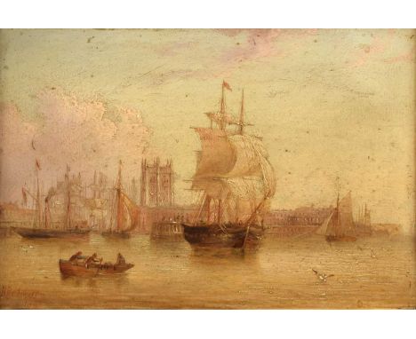 Henry Redmore (British 1820-1887) "Boats at the Mouth of Hull Harbour" Signed and dated 1862, oil on panel.12.5 x 18.5cm (fra