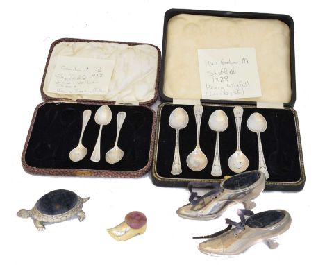 A selection of silver flatware and plated novelty pin cushions, A selection of silver flatware and plated novelty pin cushion