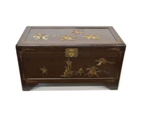 Early 20th Century Chinese Camphorwood Chest Decorated with copper, brass and other metal inlay, the lid depicting a cavalry 