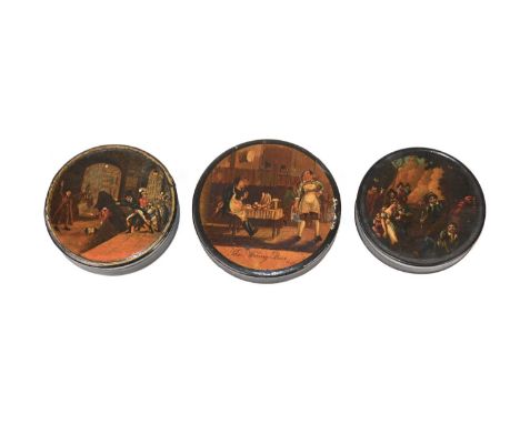 Three 19th Century Papier Mache Circular Snuff Boxes All with transfer printed and painted/hand tinted lids, including No.2 T