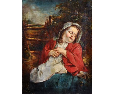 Circle of James Sant (1820-1916) British. A Young Girl Asleep, by a Wooden Gate, Oil on Canvas, Unframed, 20" x 15".