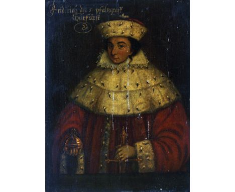 17th Century German School. Portrait of Friderich Pfalzgraff, in Costume, Holding a Sword and an Orb, Oil on Panel laid onto 