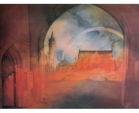 20th Century English School. A View of a Church, through an archway, Lithograph, Indistinctly Signed and numbered 69/450 in P