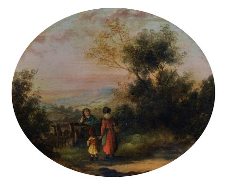 19th Century English School. Figures Conversing by a Wooden Gate, Oil on Canvas, Oval, 10" x 12".