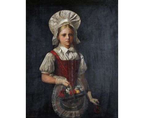 Ellen Conolly (act.1873-1885) British. Portrait of May Oliver in Costume, Holding a Basket of Flowers, Oil on Canvas, Signed 