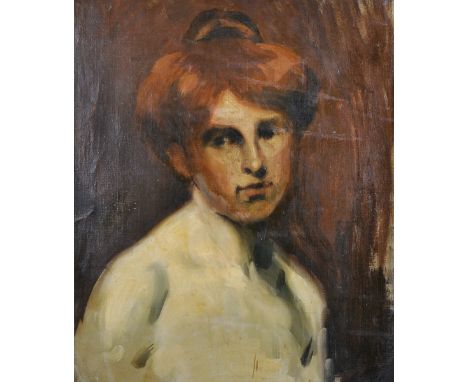 20th Century English School. Portrait of a Lady dressed in White, with a Bun in her Hair, Oil on Unstretched Canvas, 18" x 13