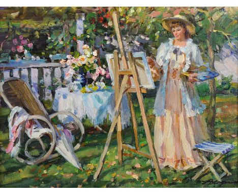 Alexander Nicolajevich Averine (1952-   ) Russian. A Lady Painting by an Easel, Oil on Board, Signed, and Inscribed on the re