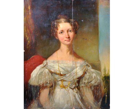Circle of John Linnell (1792-1882) British. Portrait of a Lady dressed in White, Seated in an Interior, Oil on Panel, Unframe