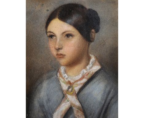 19th Century English School. Portrait of a Lady, wearing a Blue Dress with a White Collar, Pastel, 7.75" x 6".