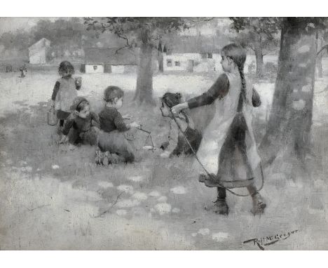 Robert McGregor (1848-1922) British. Children Playing in a Field, Oil on Board, Grisaille, Signed, 10" x 14".