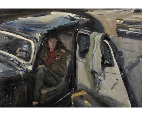 Howard Morgan (1949-    ) British. A Girl in a Citroen DS, Oil on Canvas, Unframed, 17" x 24".