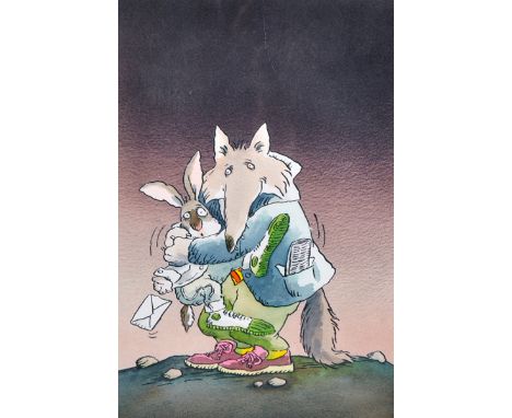 Tony Ruts (20th Century) British. A Cartoon of Animals Hugging, Lithograph, Signed, 9" x 5.75", and another print by a differ