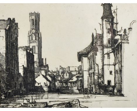 William Martin Larkins (1901-1974) British. "Le Quai du Rosaine, Bruges", Etching, Signed and Inscribed in Pencil, 7.75" x 9.