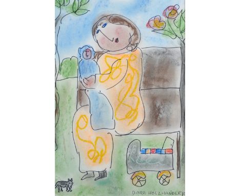 Dora Holzhandler (1928-2015) French/British. A Mother and Child on a Park Bench, Watercolour, Signed, 10.75" x 7".