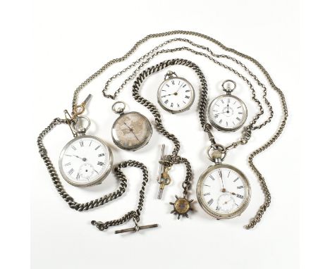 Five silver and white metal pocket watches. The watches to include a hallmarked Swiss silver open face pocket watch with belc