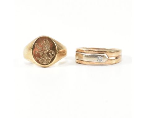 A hallmarked 9ct gold and diamond band ring and a hallmarked 9ct gold signet ring. The rings to include a hallmarked 9ct gold