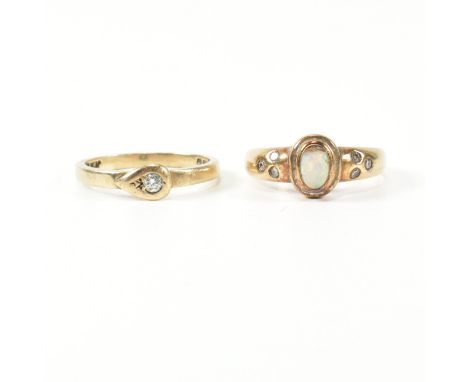 Two hallmarked 9ct gold, diamond and opal rings. The rings to include a hallmarked 9ct gold ring having a east-west teardrop 