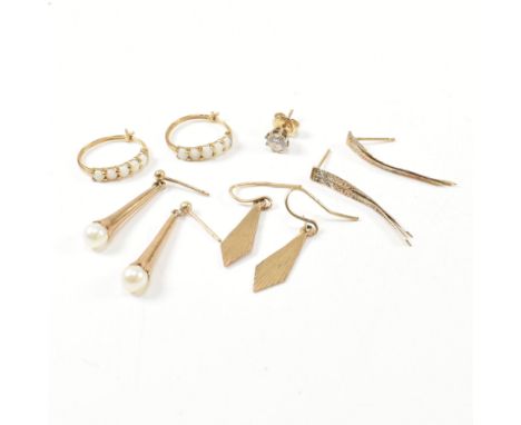 A collection of 9ct gold and gem set earrings. The earrings to include a pair of 9ct gold and opal huggie hoop earrings, mark