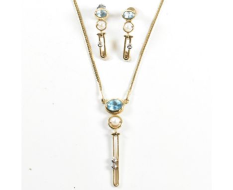 A 14ct gold, topaz, diamond and cultured pearl pendant necklace and earring suite. The 14ct gold necklace having a pendant se