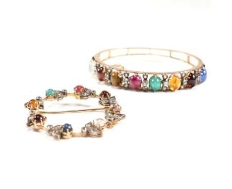 An 18ct gold and gem set hinged bracelet and matching brooch pin. The 18ct gold bracelet set with eight oval cabochons, each 