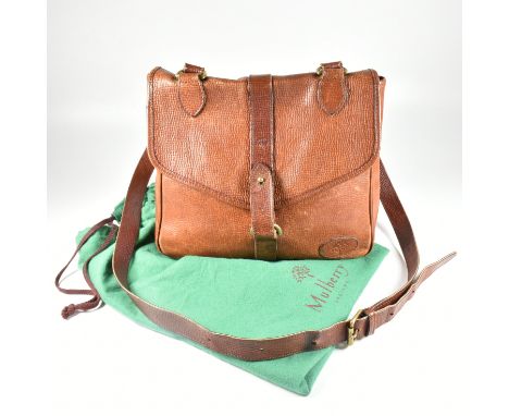 A Mulberry oak leather cartridge crossbody bag. The bag having an oak coloured grain leather exterior, applique leather patch