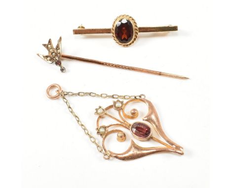 A collection of 9ct gold and gem set jewellery. The jewellery to include a hallmarked 9ct gold brooch pin set with a central 