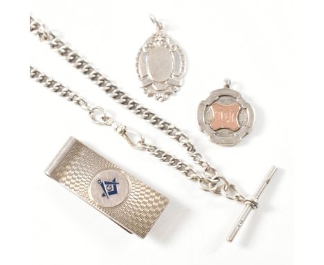 A collection of hallmarked silver jewellery and a masonic clip. The lot to include a hallmarked silver albert chain with a T-