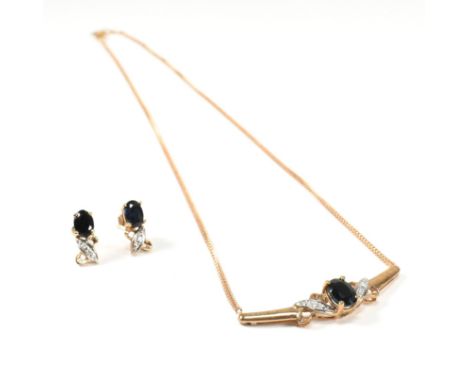 A hallmarked 9ct gold, sapphire and diamond necklace and earring suite. The jewellery to include a hallmarked 9ct gold neckla