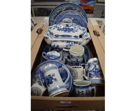 A carton of blue and white ware including Spode.