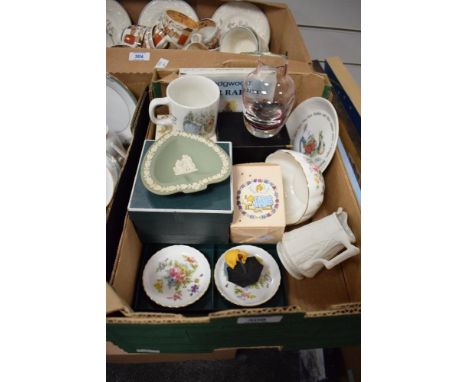 A Minton Marlow sugar bowl and two pin dishes, a small Caithness Oban brown and pink stripe vase, a Wedgwood Peter Rabbit pla