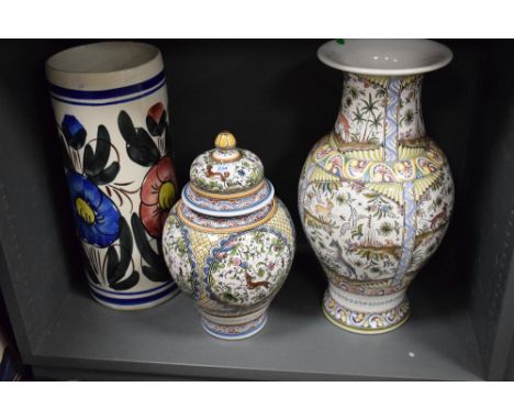 A large mid-century Portuguese vase, hand painted depicting various flora and fauna in the 17th century style, h50cm, sold al