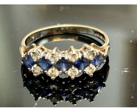 9ct Gold ring set with 8 white stones & 5 blue stones Size L Weight 1.6g