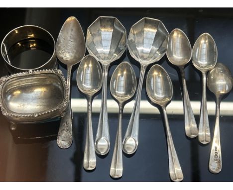 Collection of silver spoons, silver salt & silver napkin ring Total weight 141g
