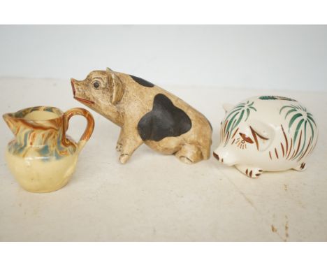 Early wooden advertising pig wemyss style pig and a small Victorian jug
